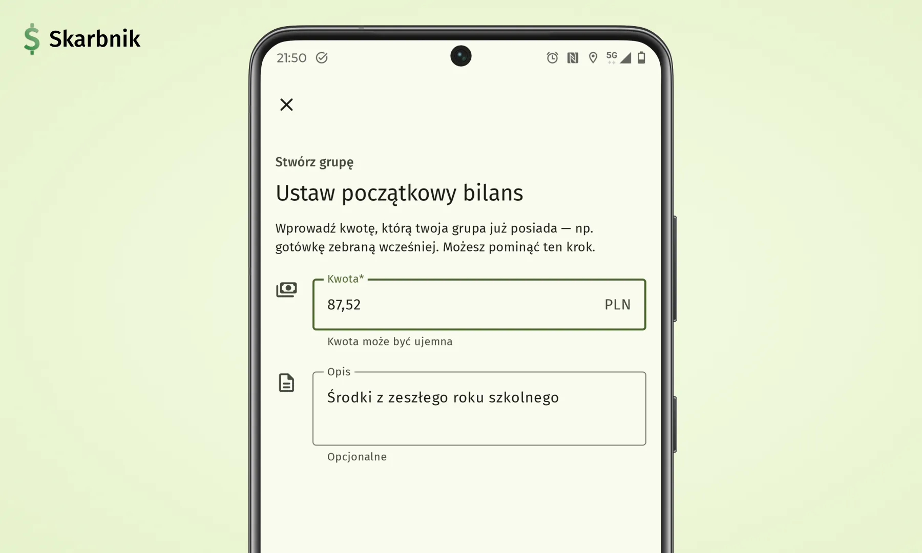 Ekran smartfona przedstawiający nowy ekran ustawiania bilansu początkowego